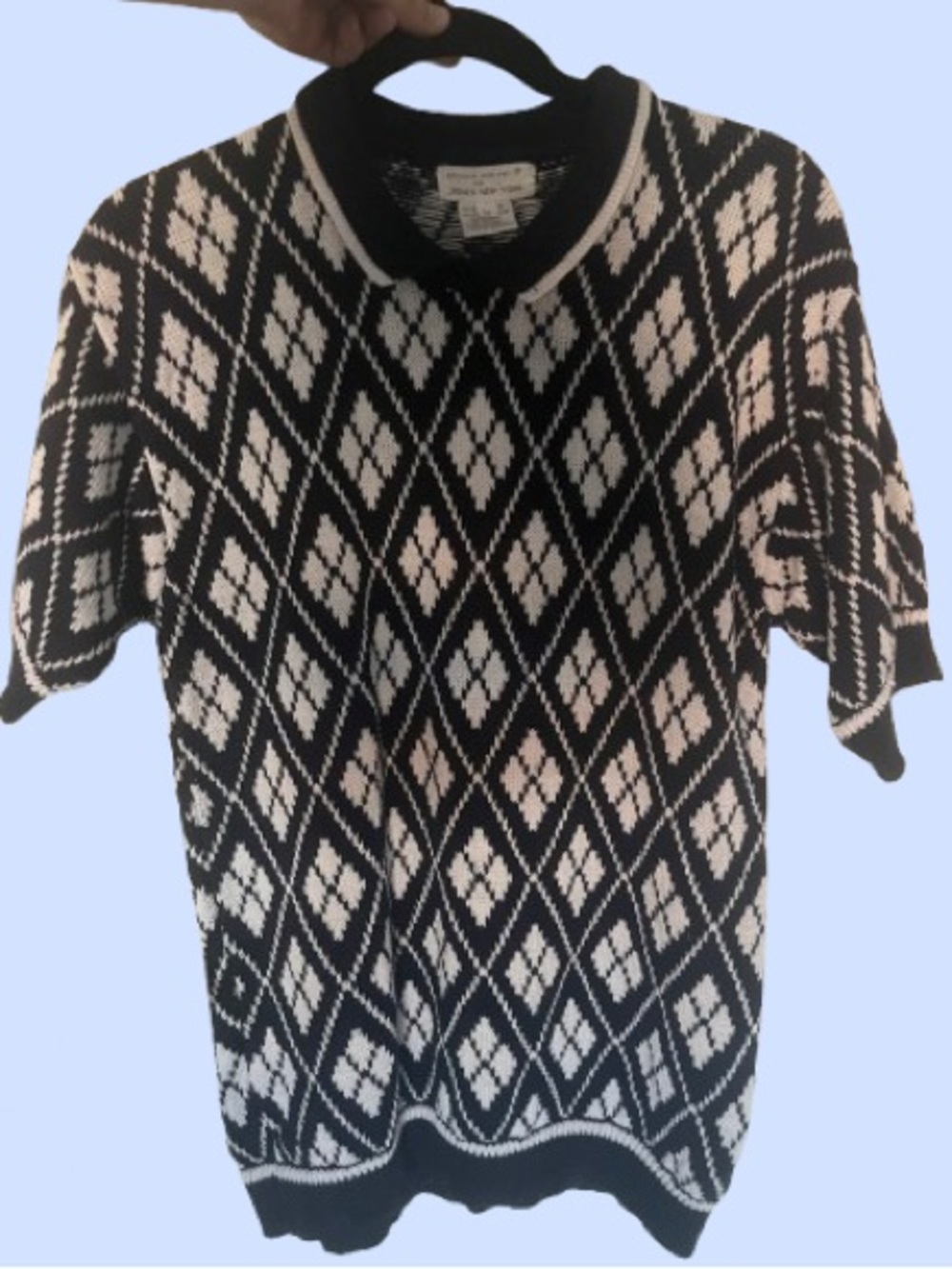 Jones New York Blue & White Argyle Knit Polo Sweater